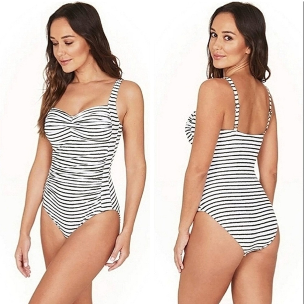 Nip Tuck navy/white stripe with faux silver running stitch 1 piece swimsuit. NWT